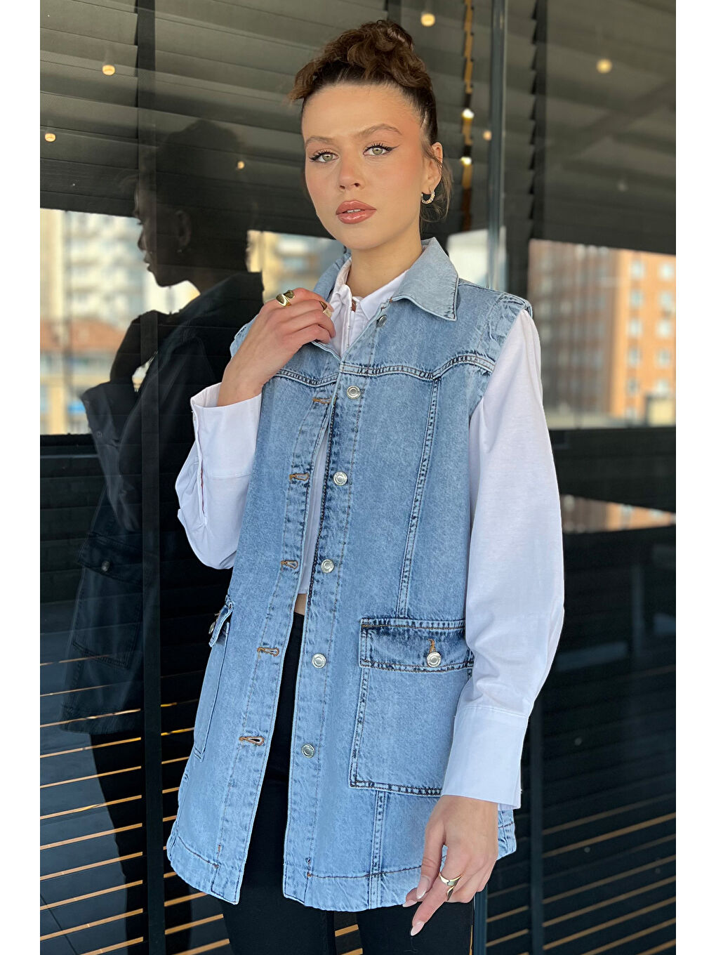 Mavi Kadın Çift Cepli Jean Yelek-1