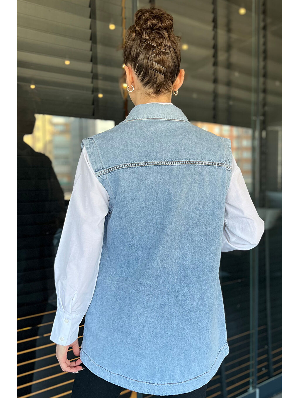 Mavi Kadın Çift Cepli Jean Yelek-2