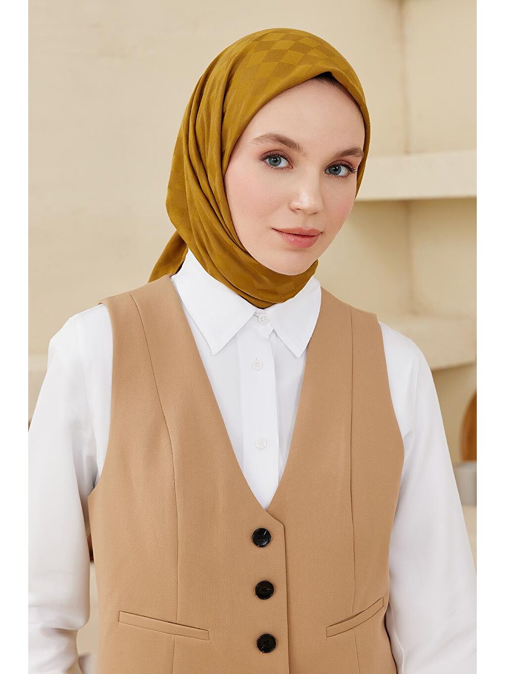 Sarı Dama Desen Modal Jakar Eşarp Hardal