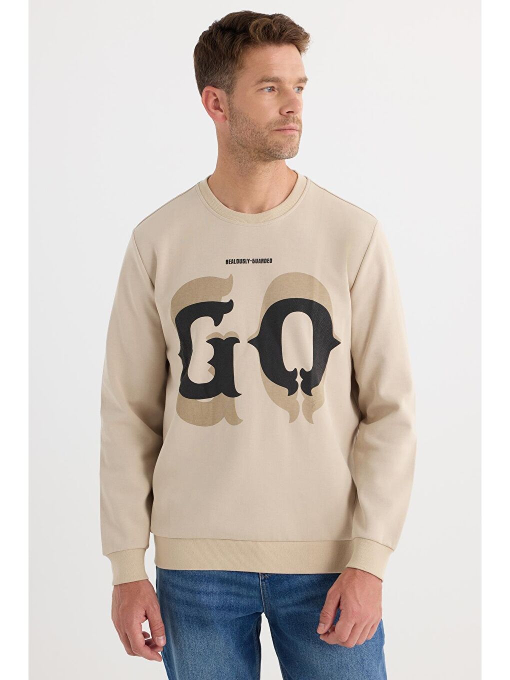 Erkek Relax Fit Rahat Kesim Pamuklu Lastikli Kol Bisiklet Yaka Baskılı Bej Sweatshirt-3