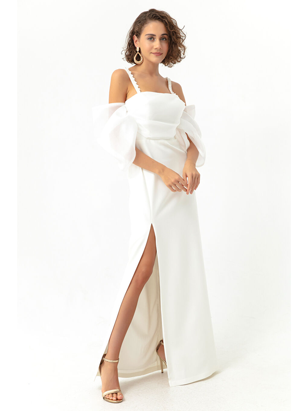 Kadın Beyaz Prenses Kol Boncuk Askılı Organze Uzun Abiye Elbise-2