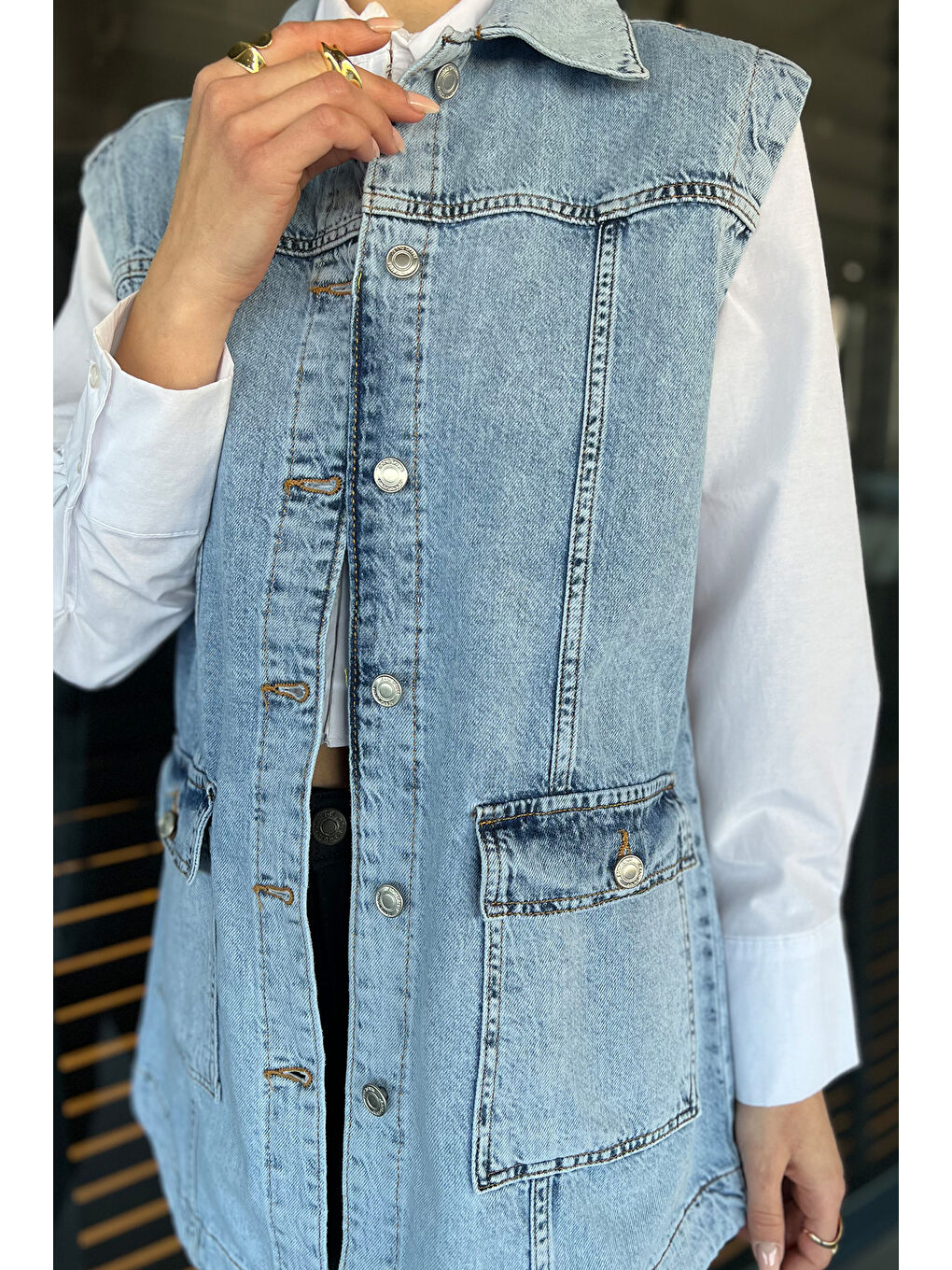 Mavi Kadın Çift Cepli Jean Yelek-3