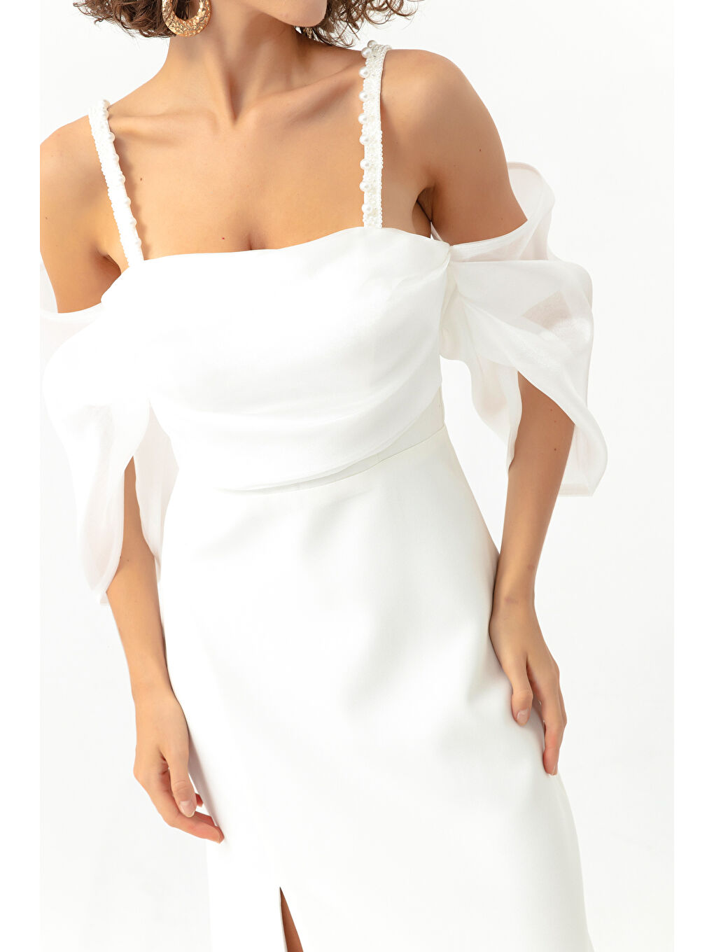 Kadın Beyaz Prenses Kol Boncuk Askılı Organze Uzun Abiye Elbise-3