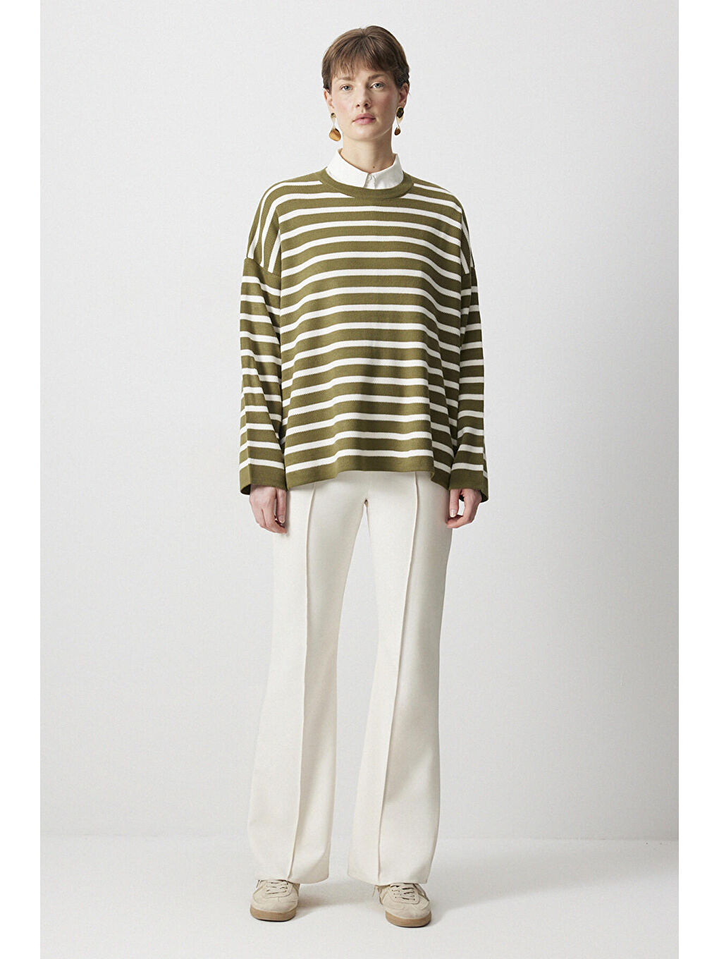 Haki Çizgili Oversize Triko Kazak-1