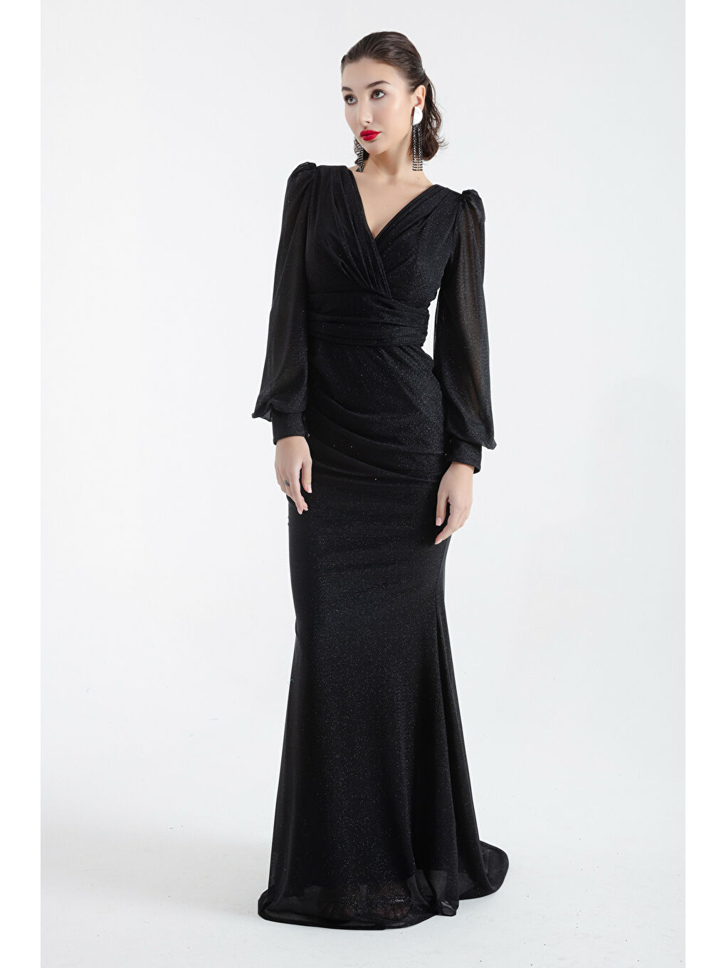 Kadın Siyah Kruvaze Yaka Simli Uzun Abiye Elbise-1