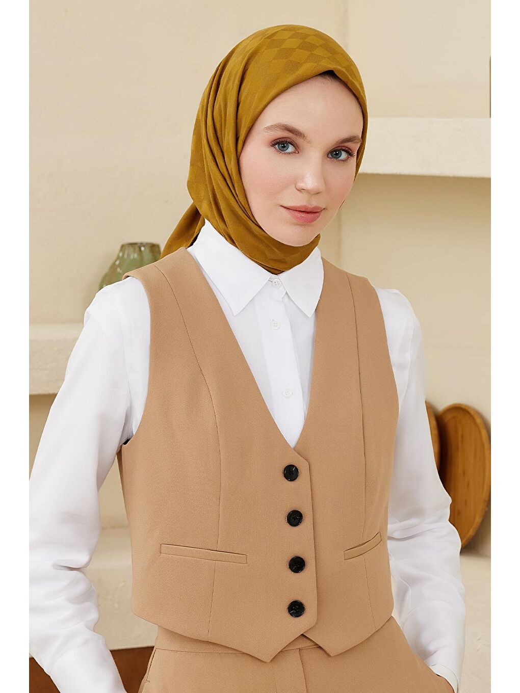 Sarı Dama Desen Modal Jakar Eşarp Hardal-1