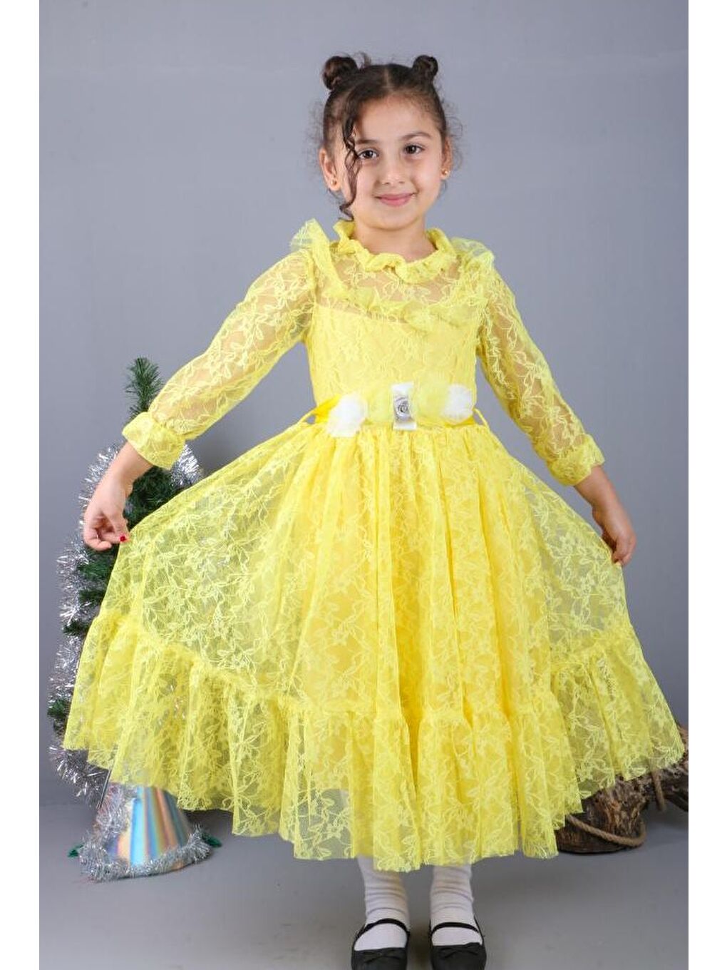 Sarı Çiçek Motif Dantelli Çocuk Elbise MNK0580
