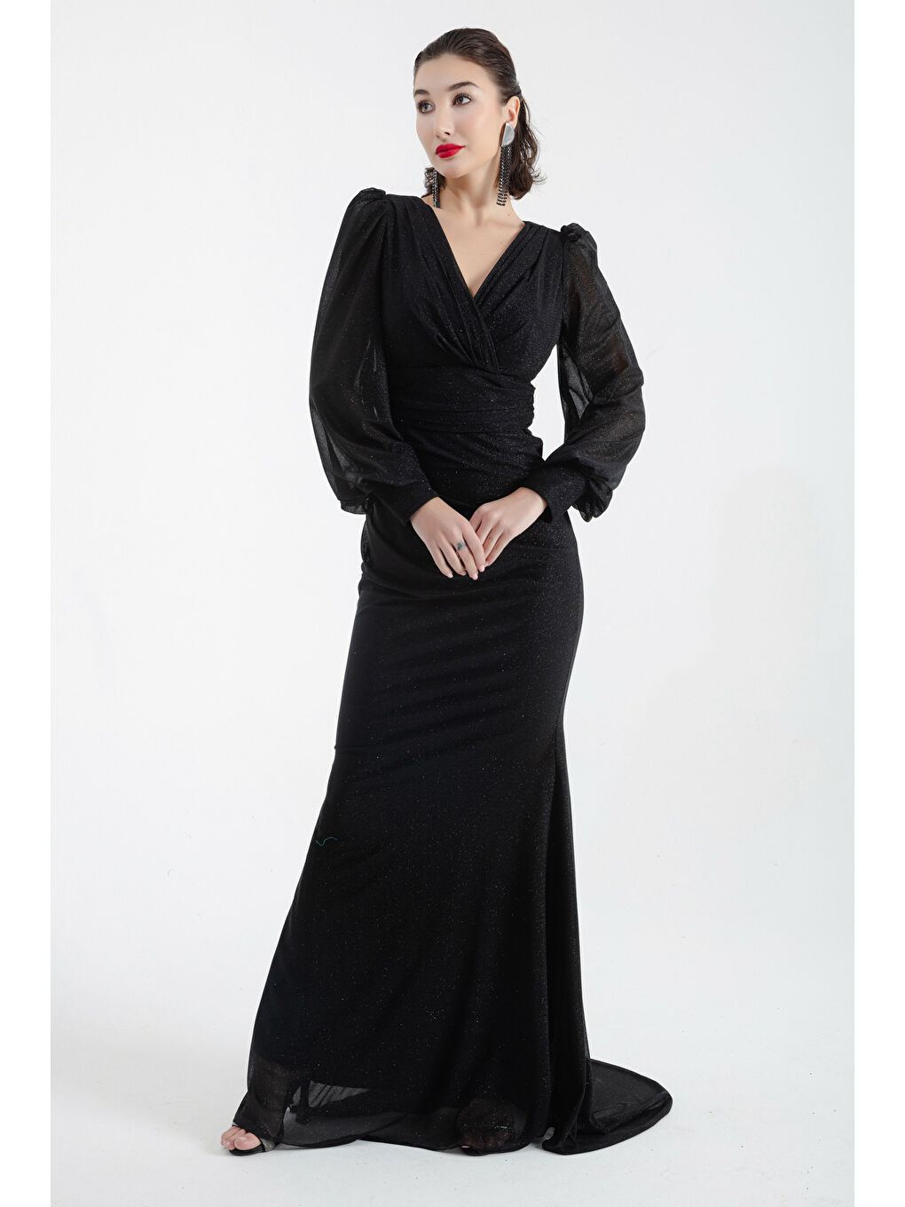 Kadın Siyah Kruvaze Yaka Simli Uzun Abiye Elbise-2