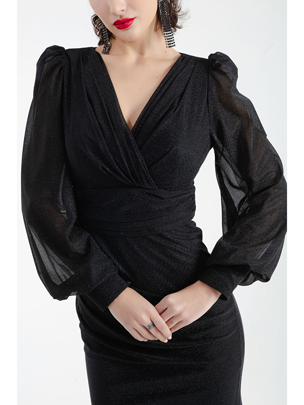 Kadın Siyah Kruvaze Yaka Simli Uzun Abiye Elbise-3