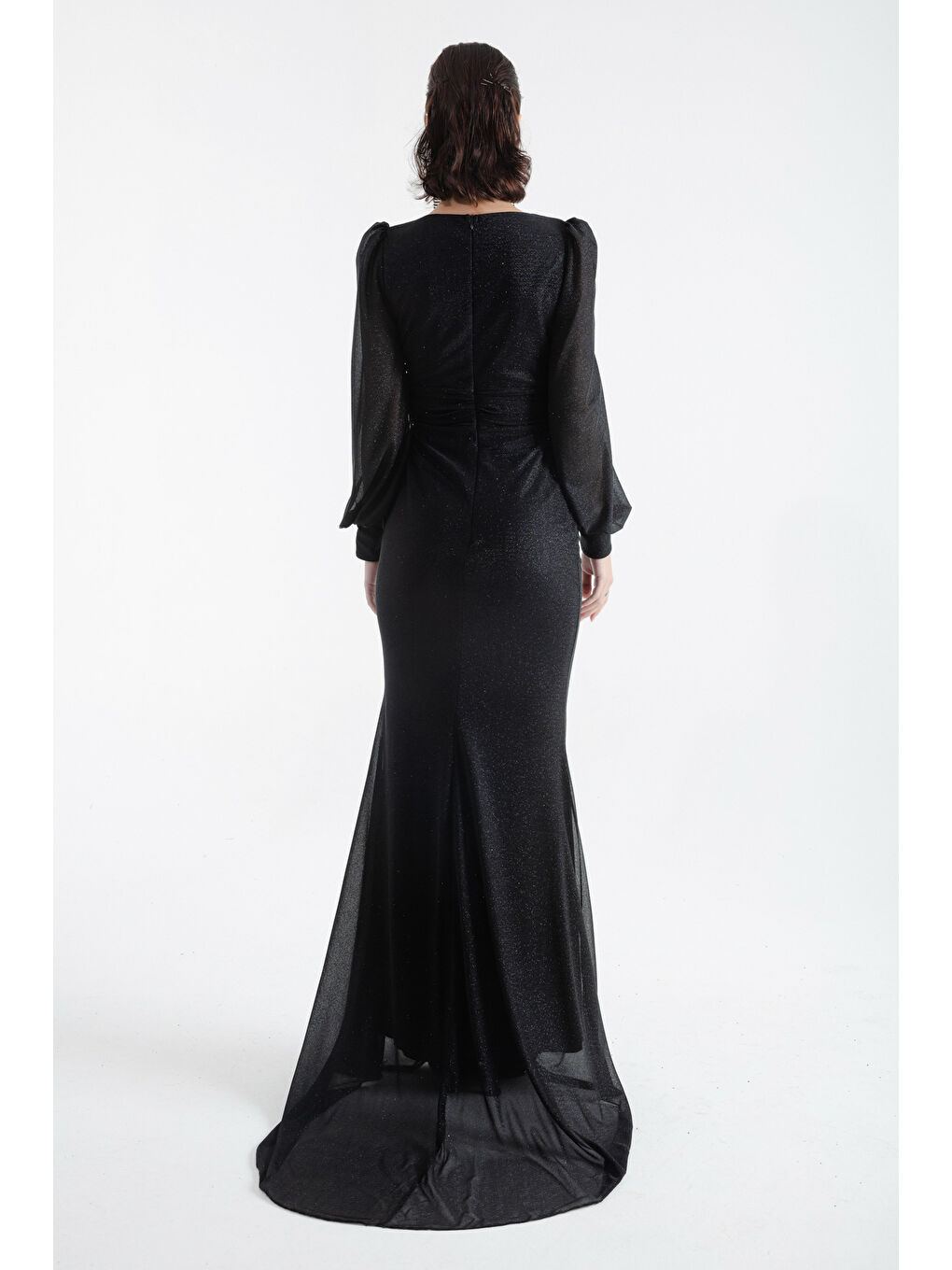 Kadın Siyah Kruvaze Yaka Simli Uzun Abiye Elbise-4