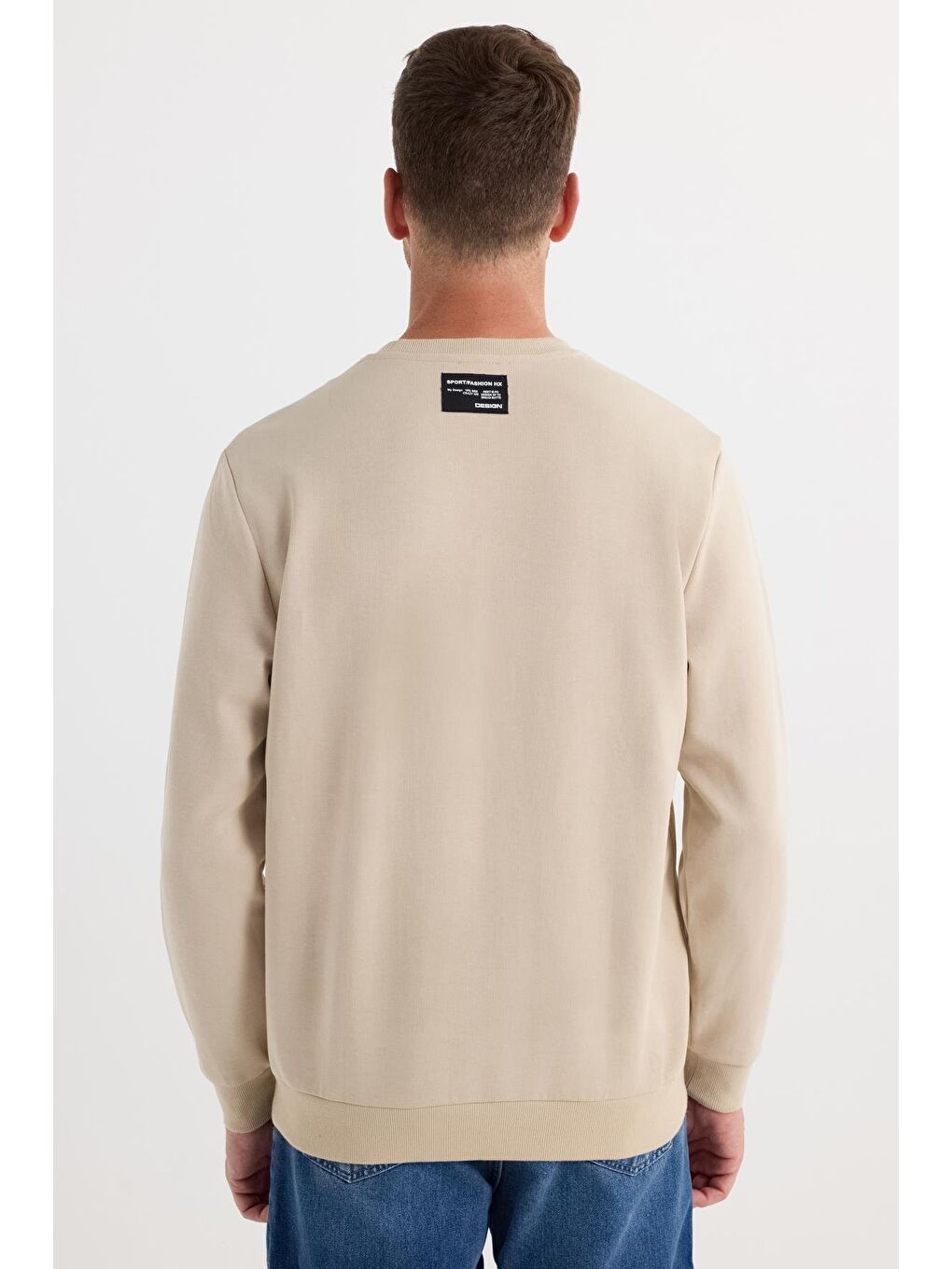 Erkek Relax Fit Rahat Kesim Pamuklu Lastikli Kol Bisiklet Yaka Baskılı Bej Sweatshirt-6