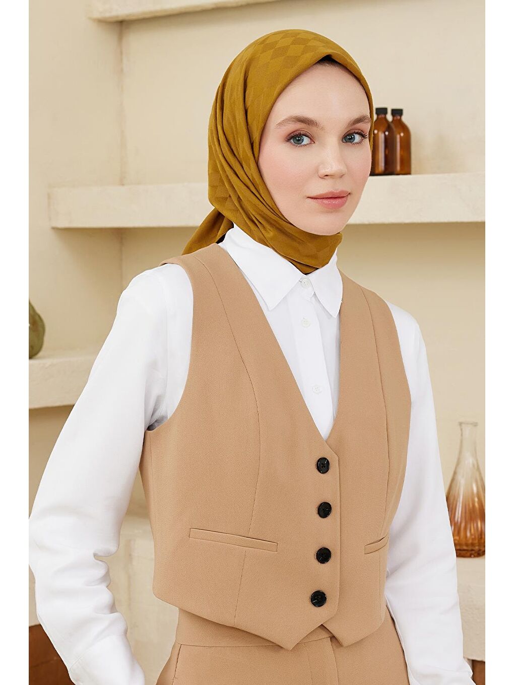 Sarı Dama Desen Modal Jakar Eşarp Hardal-2