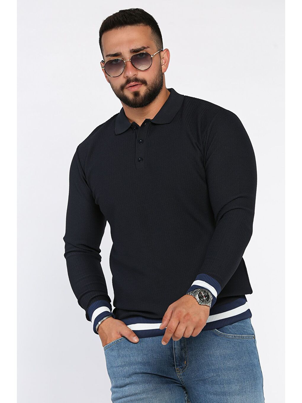 Lacivert Polo Yaka Düğmeli Erkek Triko Kazak-1