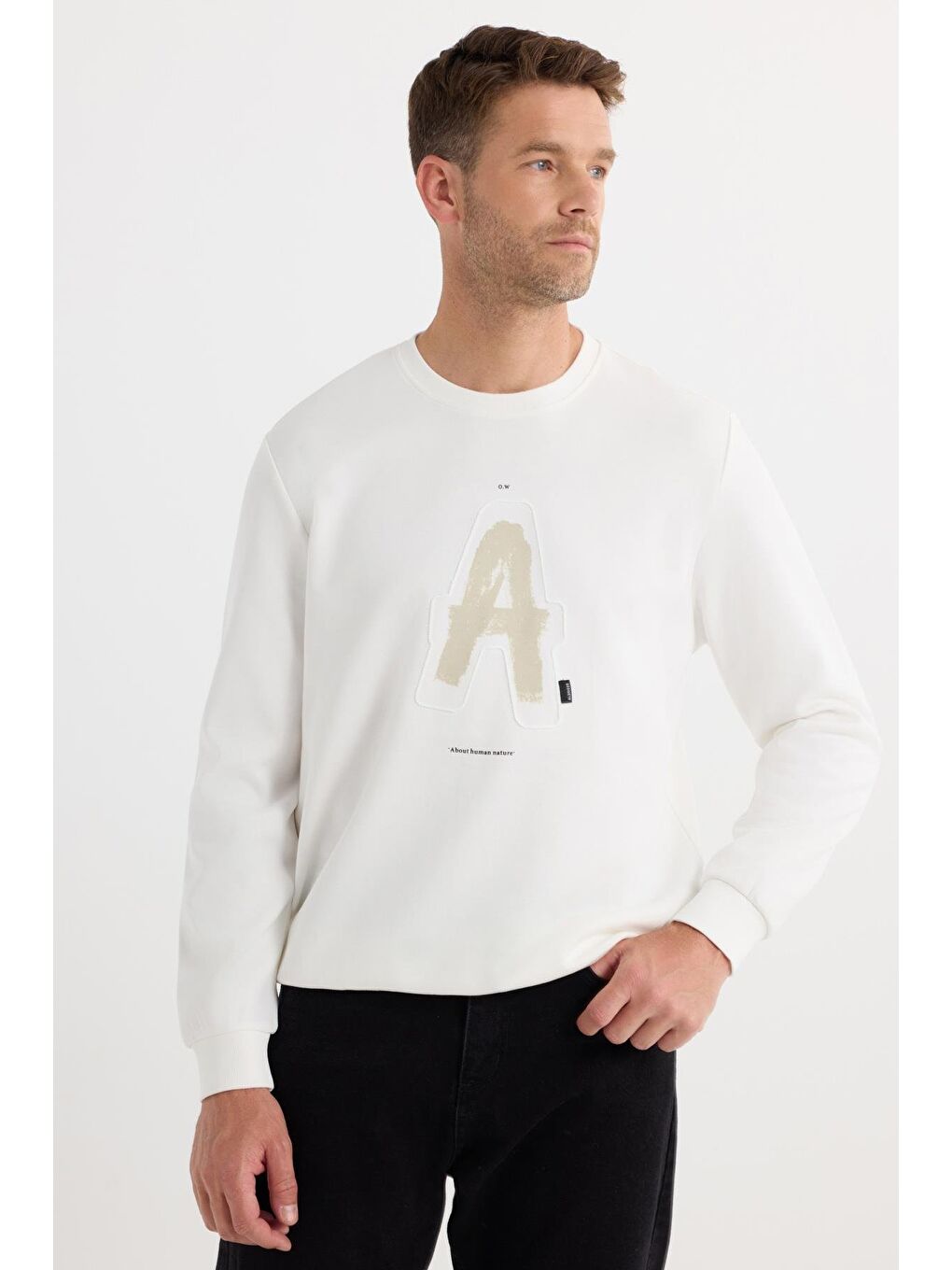 Unisex Relax Fit Rahat Kesim Pamuklu Yumuşak Dokulu Bisklet Yaka İç Polarlı Baskılı Ekru Sweatshirt