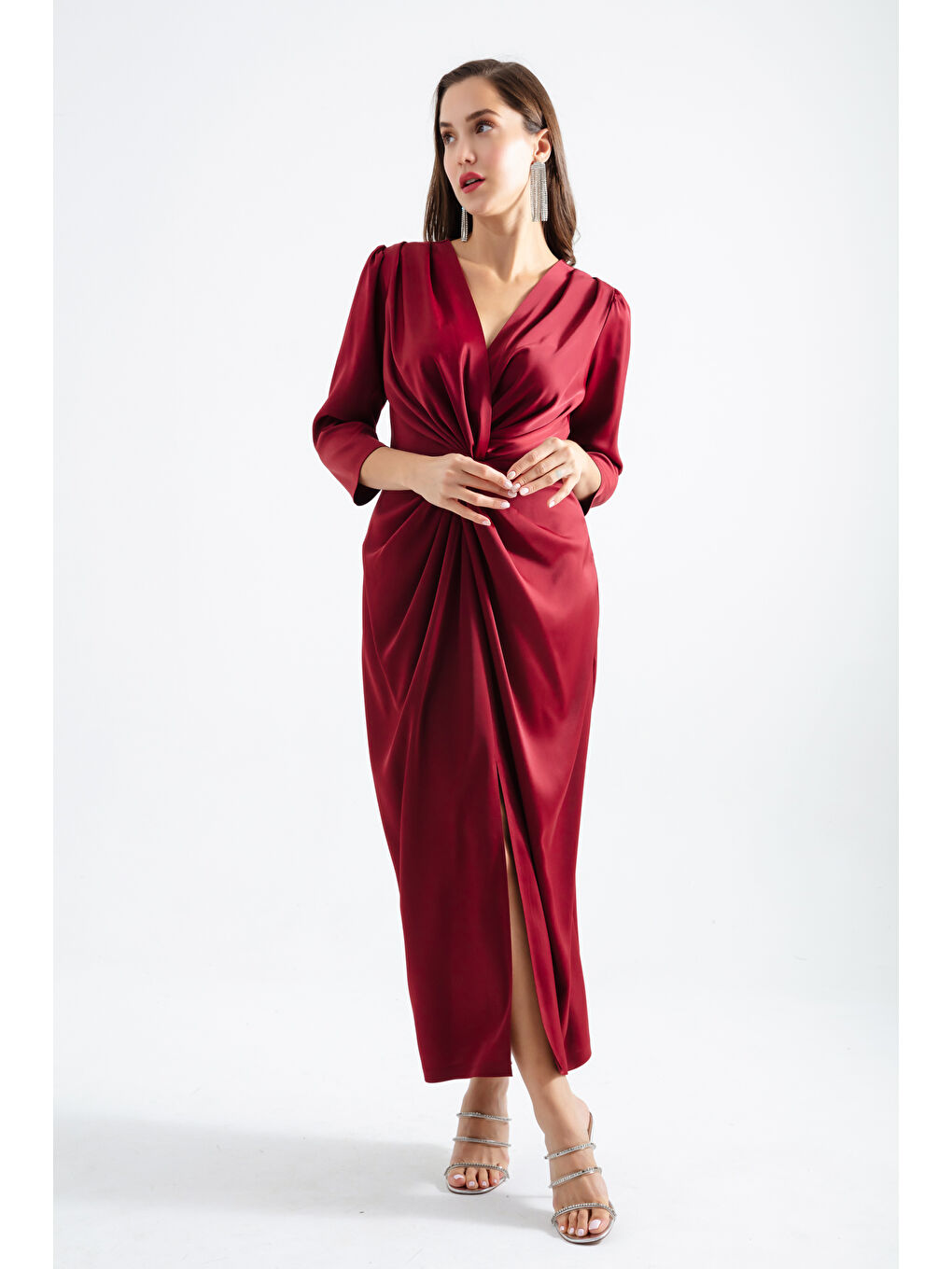 Kadın Bordo V Yaka Midi Abiye Elbise-1