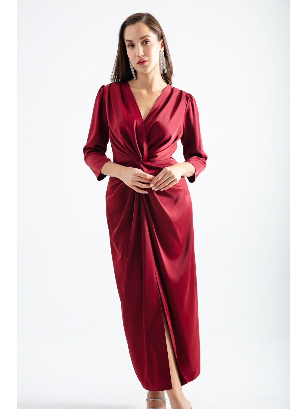 Kadın Bordo V Yaka Midi Abiye Elbise-2