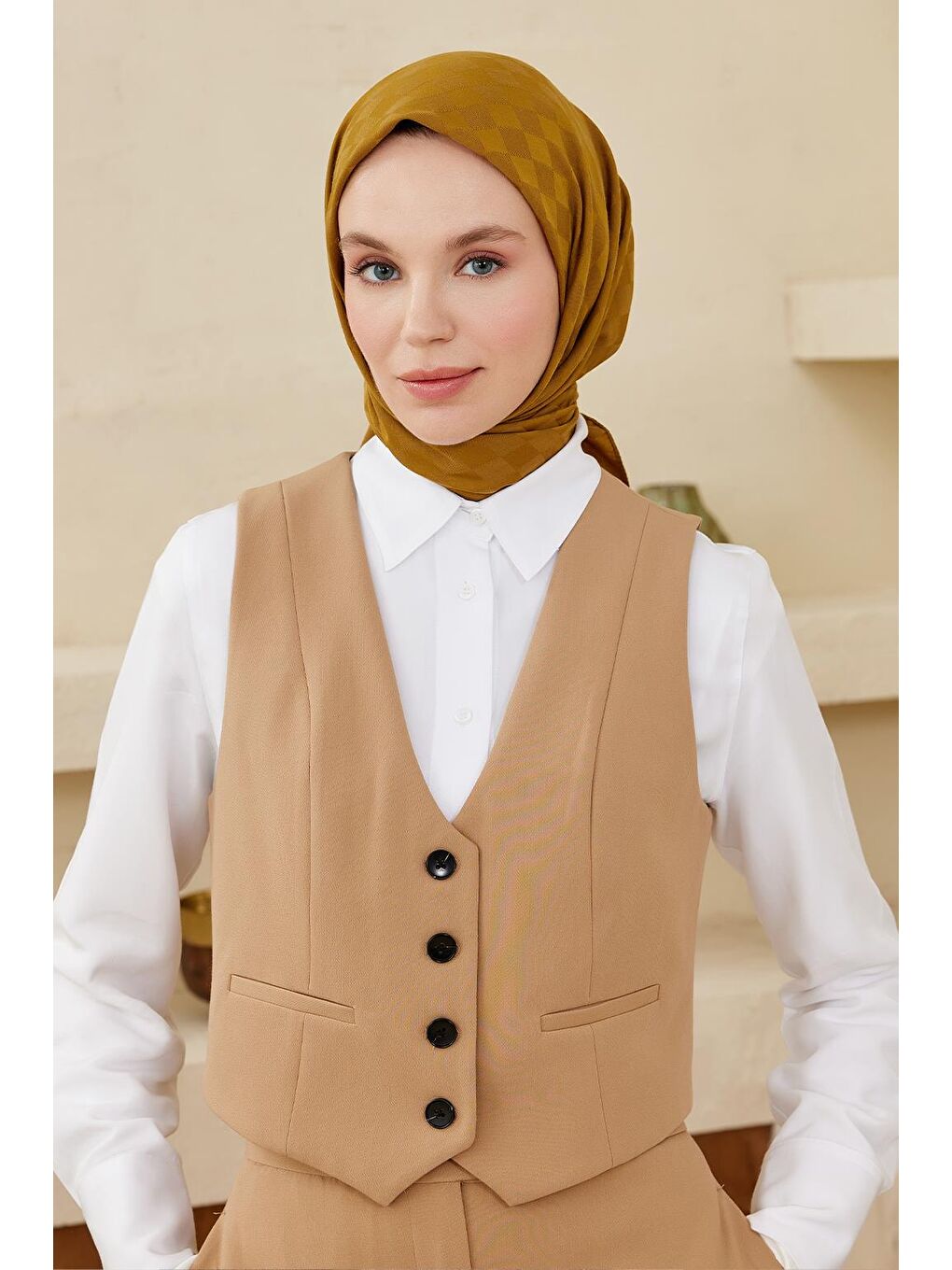 Sarı Dama Desen Modal Jakar Eşarp Hardal-3