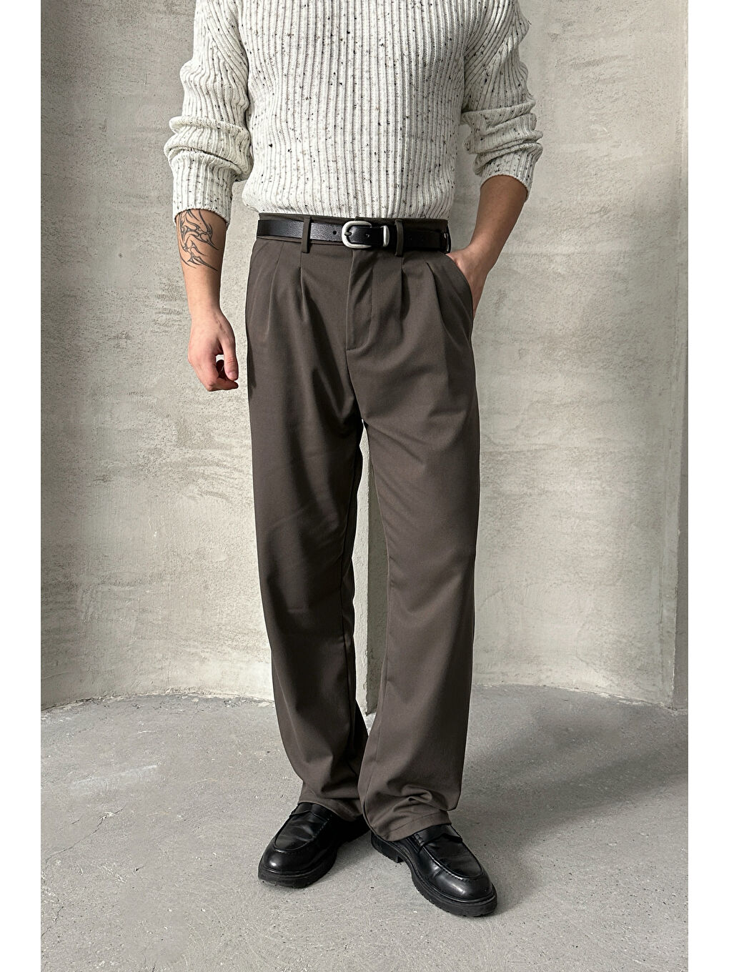 Haki Erkek Pileli Baggy Kalıp Kumaş Pantolon-3