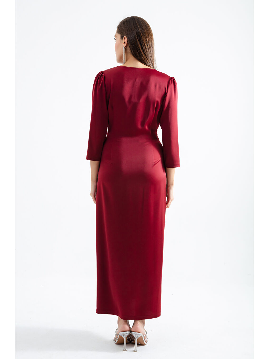 Kadın Bordo V Yaka Midi Abiye Elbise-4