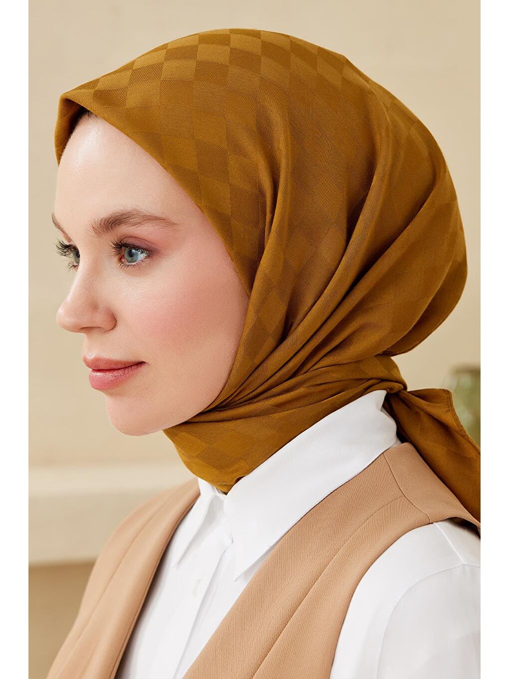 Sarı Dama Desen Modal Jakar Eşarp Hardal-4