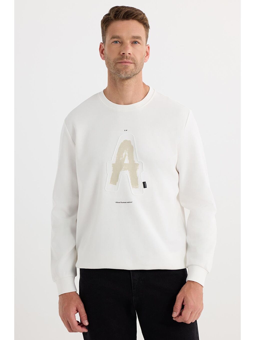 Unisex Relax Fit Rahat Kesim Pamuklu Yumuşak Dokulu Bisklet Yaka İç Polarlı Baskılı Ekru Sweatshirt-3