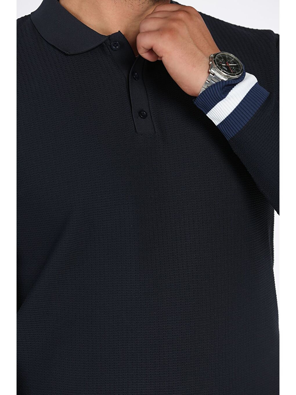 Lacivert Polo Yaka Düğmeli Erkek Triko Kazak-3