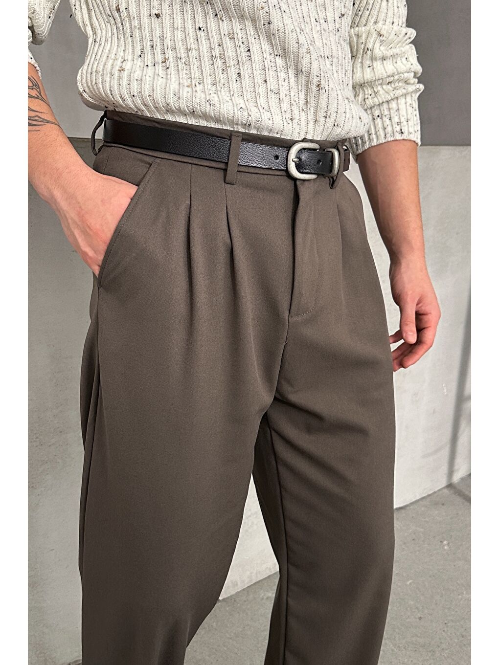 Haki Erkek Pileli Baggy Kalıp Kumaş Pantolon-4