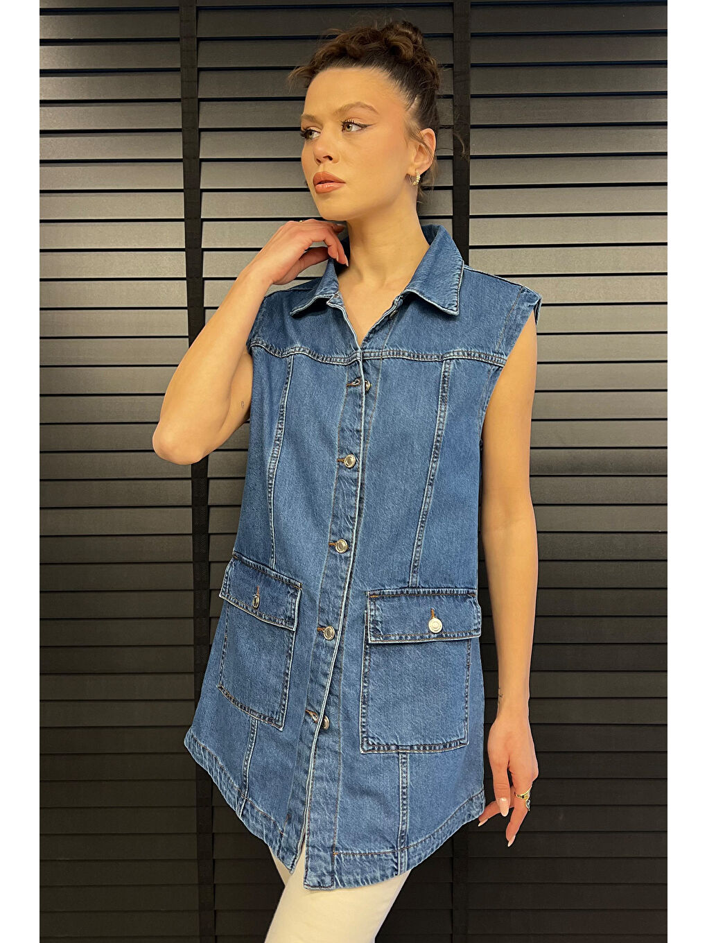 Mavi Kadın Çift Cepli Jean Yelek-1