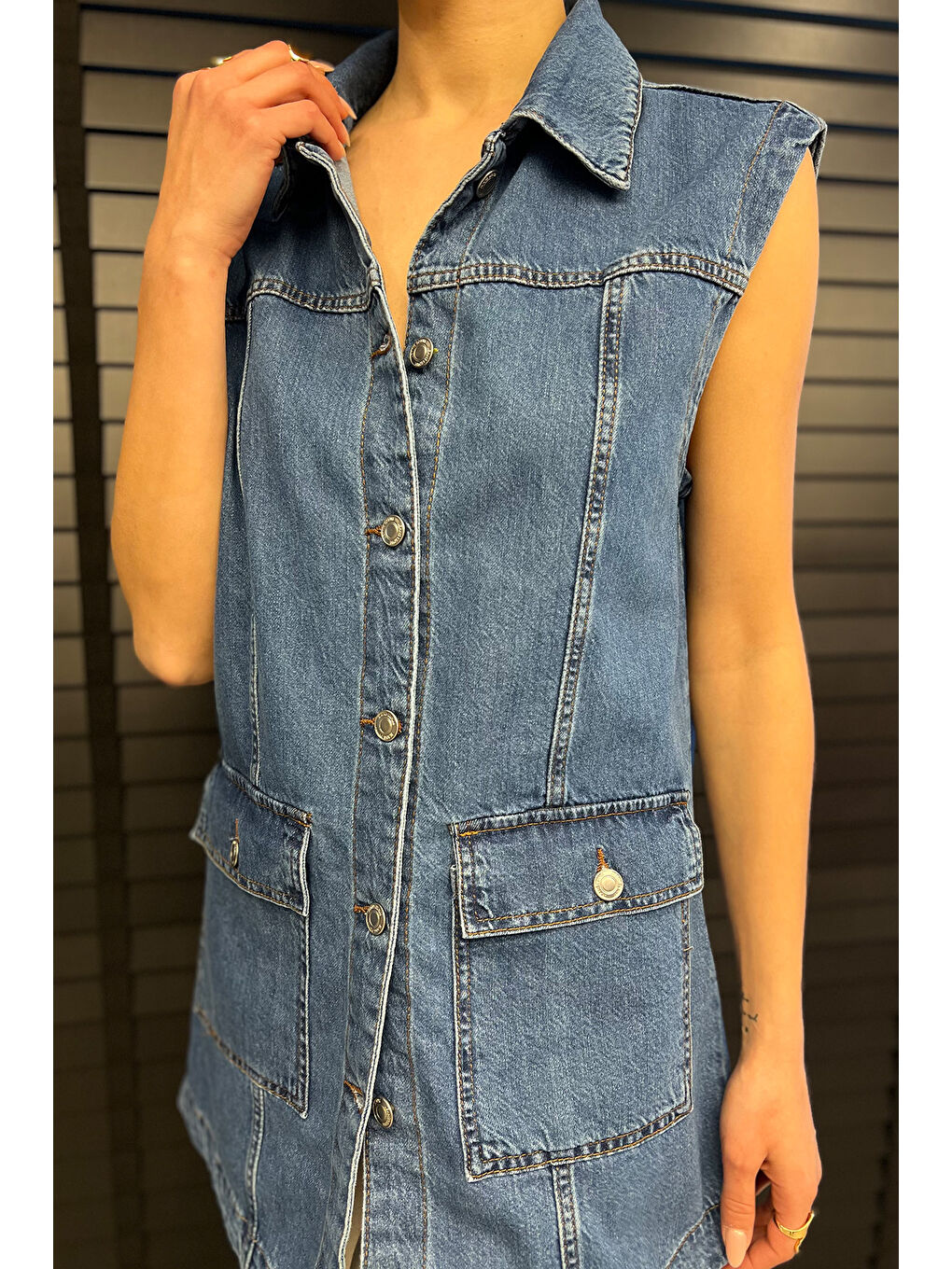 Mavi Kadın Çift Cepli Jean Yelek-2