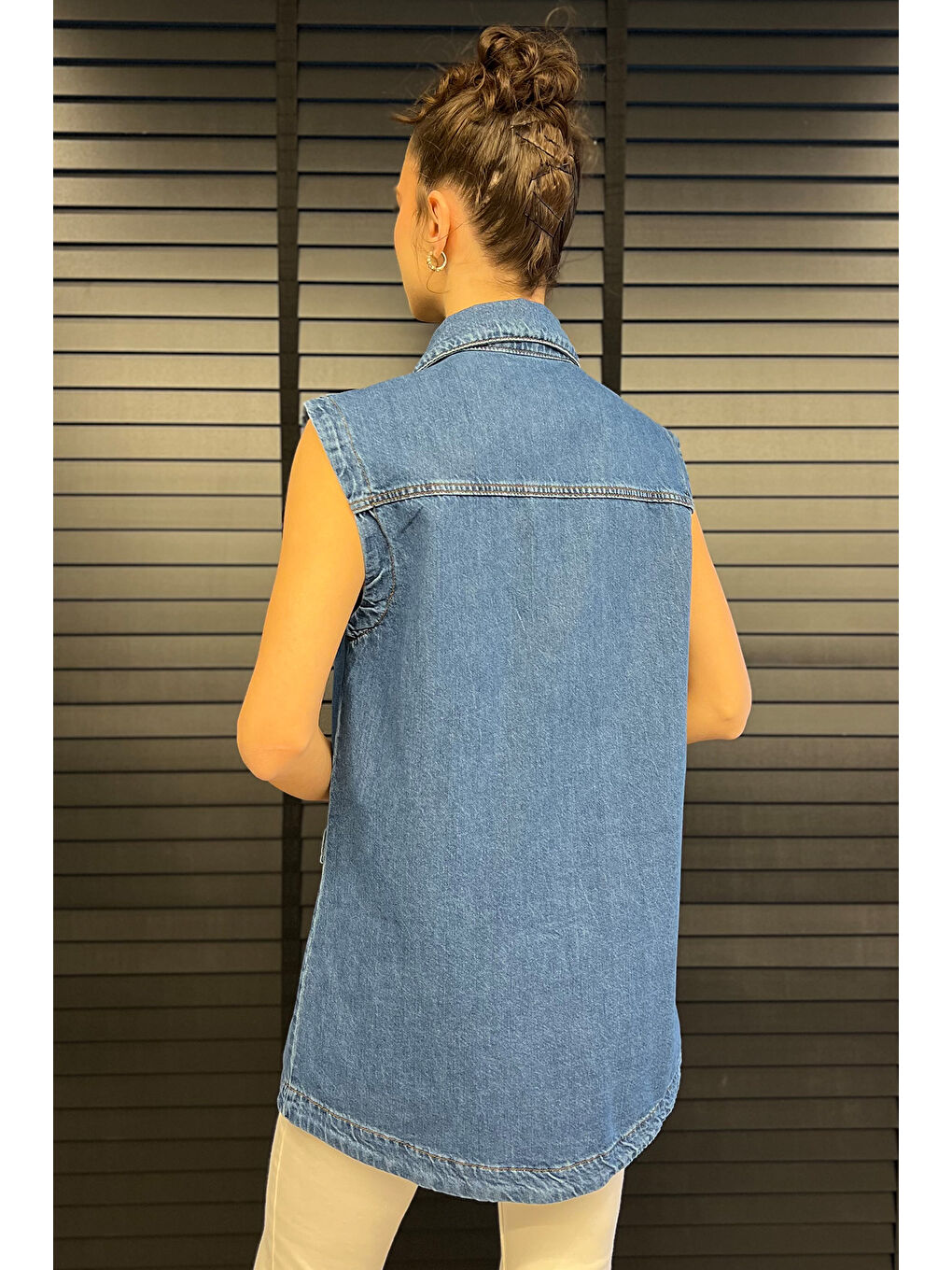 Mavi Kadın Çift Cepli Jean Yelek-3