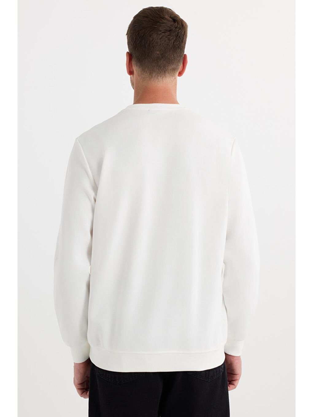 Unisex Relax Fit Rahat Kesim Pamuklu Yumuşak Dokulu Bisklet Yaka İç Polarlı Baskılı Ekru Sweatshirt-5