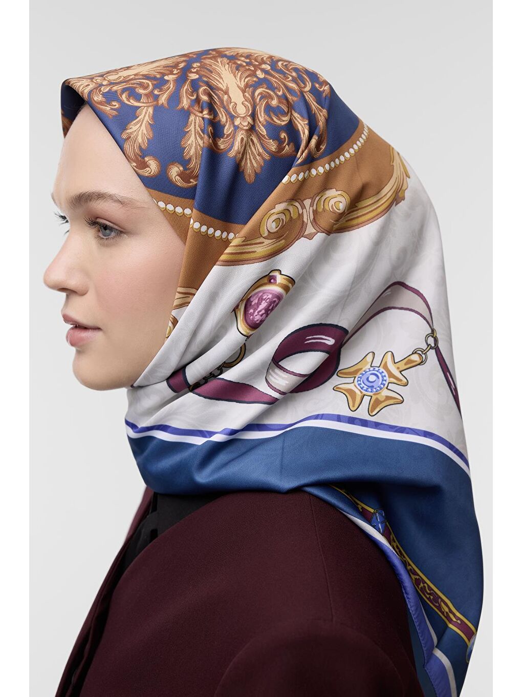 Mavi Desenli Twill İpek Eşarp Emily