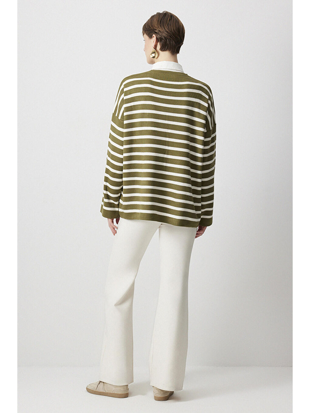 Haki Çizgili Oversize Triko Kazak-3