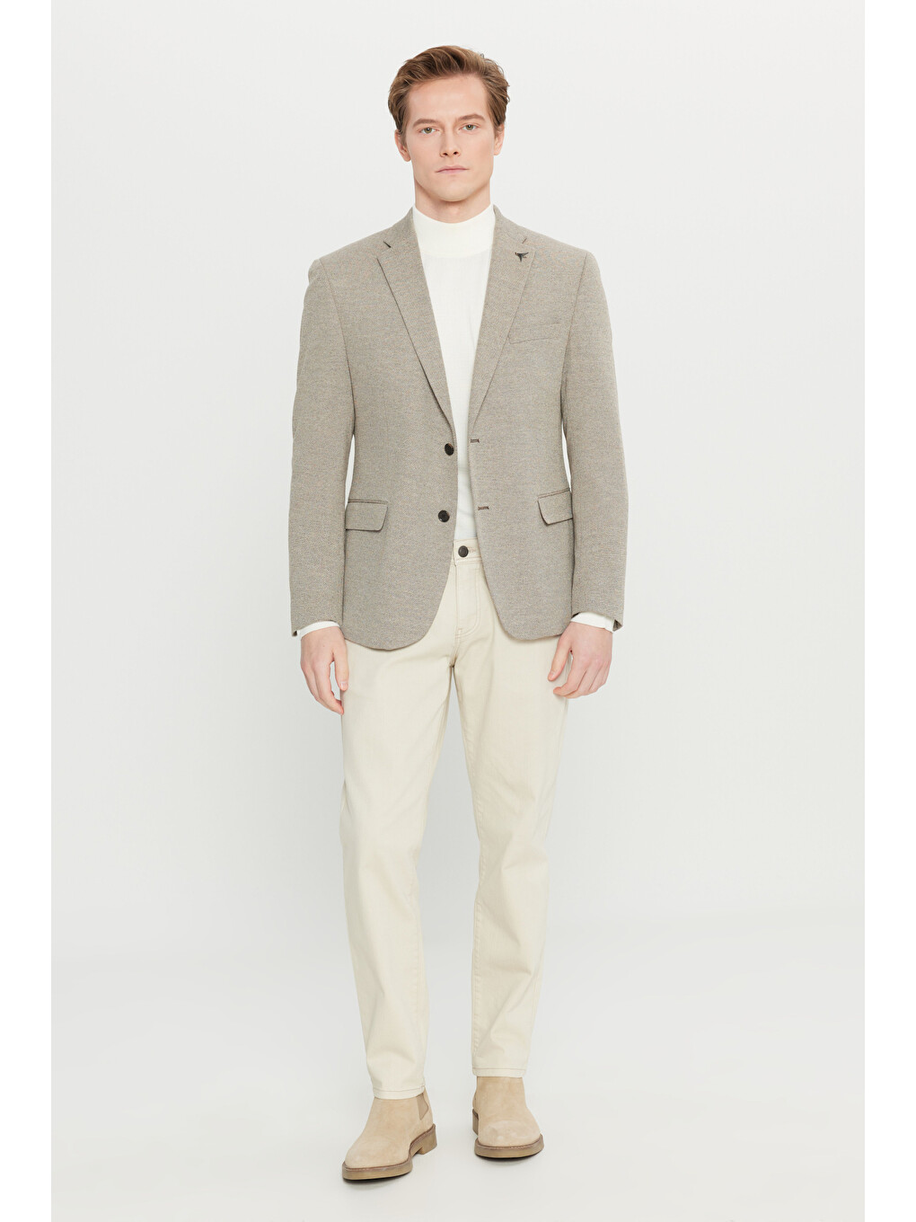 Erkek Bej Yünlü Regular Fit Mono Yaka Kapak Cepli Armürlü Blazer Ceket-1