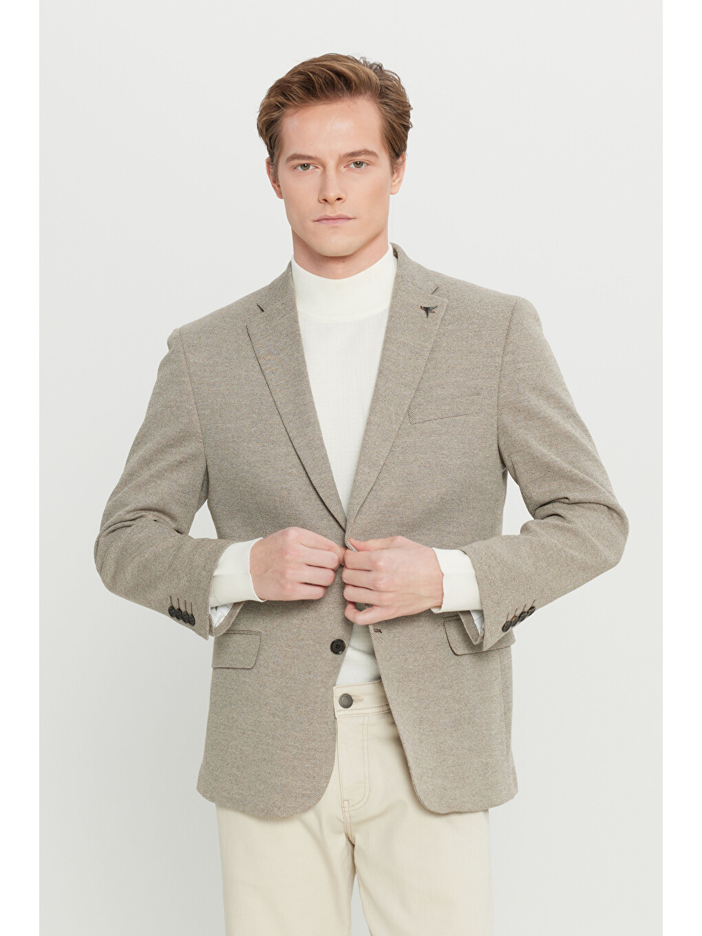 Erkek Bej Yünlü Regular Fit Mono Yaka Kapak Cepli Armürlü Blazer Ceket-2