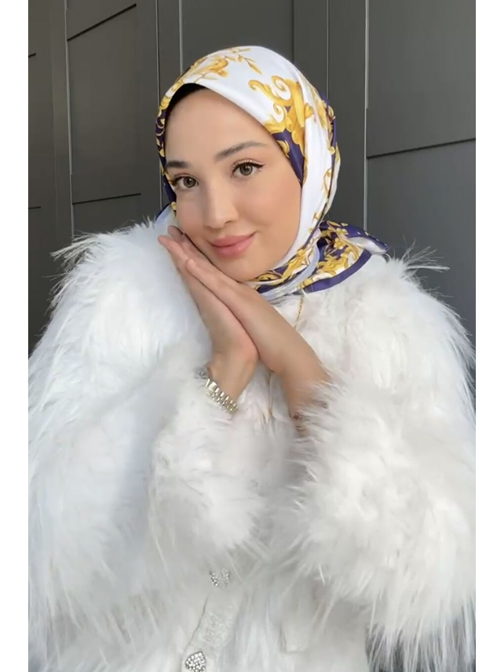 Ekru Desenli Twill İpek Eşarp Lea-8