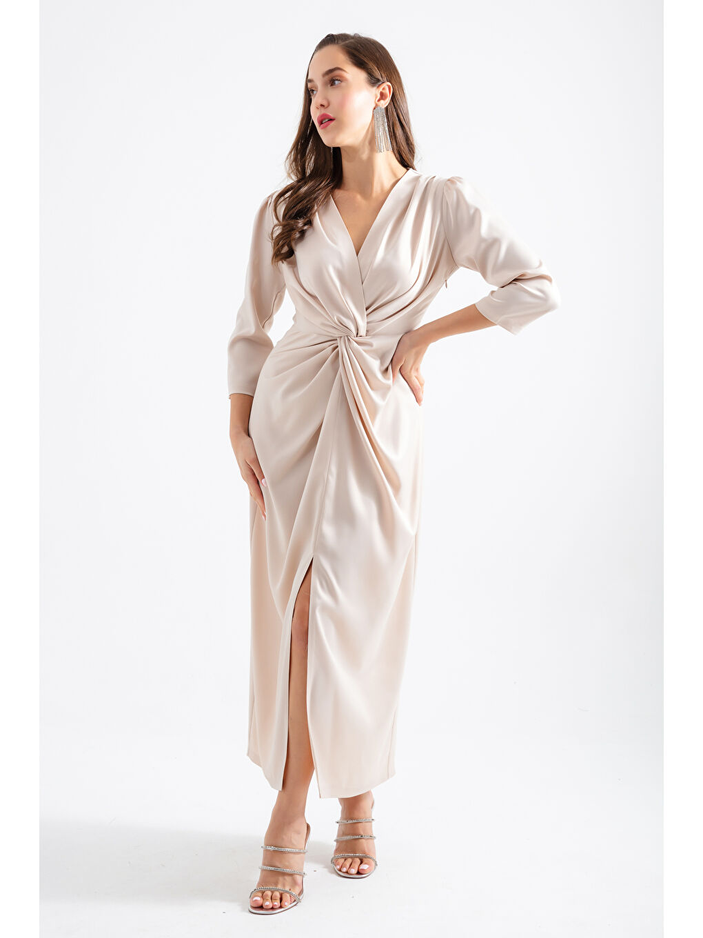 Kadın Bej V Yaka Midi Abiye Elbise-1