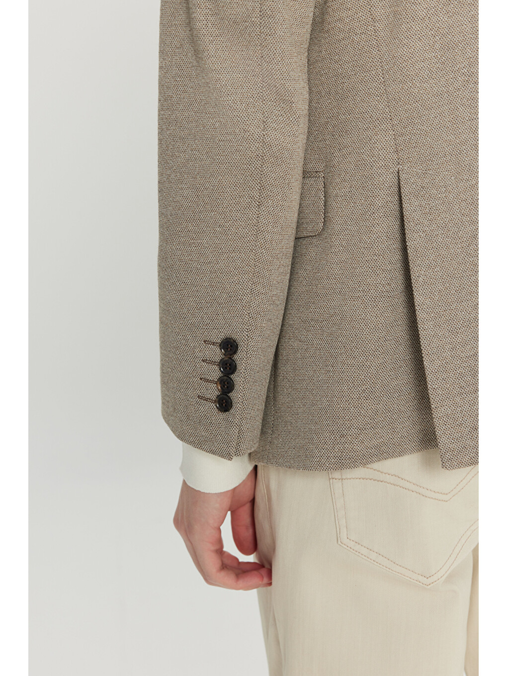 Erkek Bej Yünlü Regular Fit Mono Yaka Kapak Cepli Armürlü Blazer Ceket-4