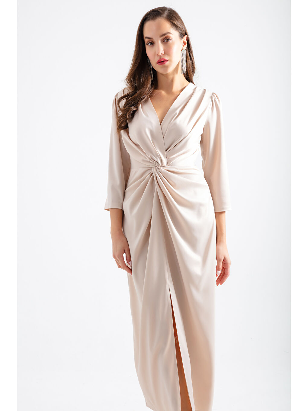 Kadın Bej V Yaka Midi Abiye Elbise-2