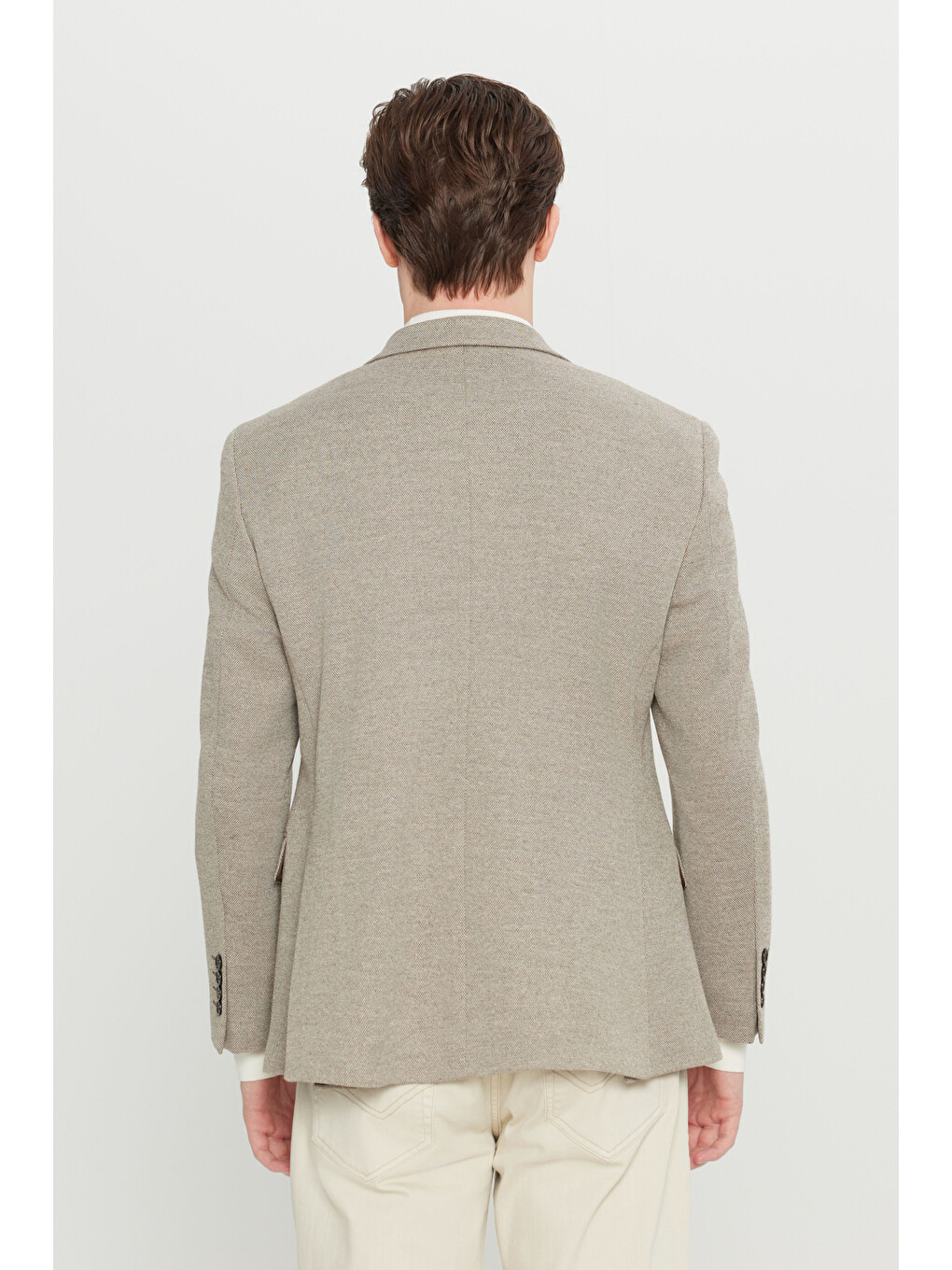 Erkek Bej Yünlü Regular Fit Mono Yaka Kapak Cepli Armürlü Blazer Ceket-5