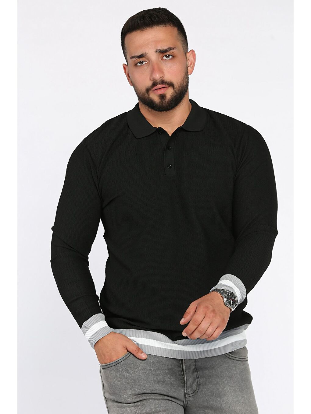 Siyah Polo Yaka Düğmeli Erkek Triko Kazak