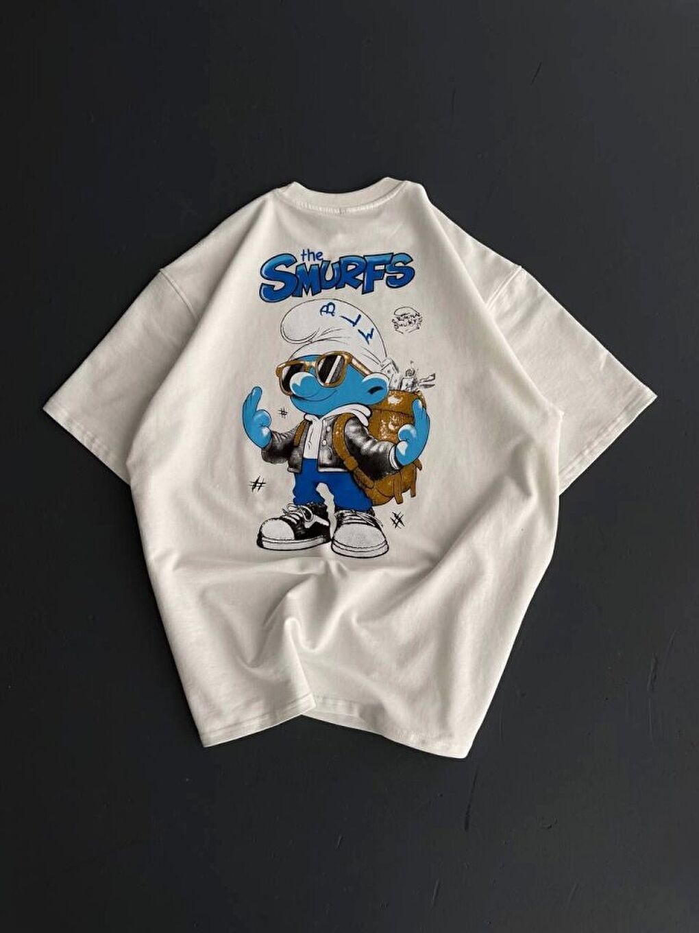 Ön Ve Arka Baskılı Oversize Bisiklet Yaka T-shirt- Beyaz-1