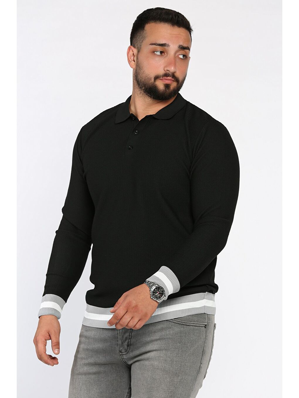 Siyah Polo Yaka Düğmeli Erkek Triko Kazak-1