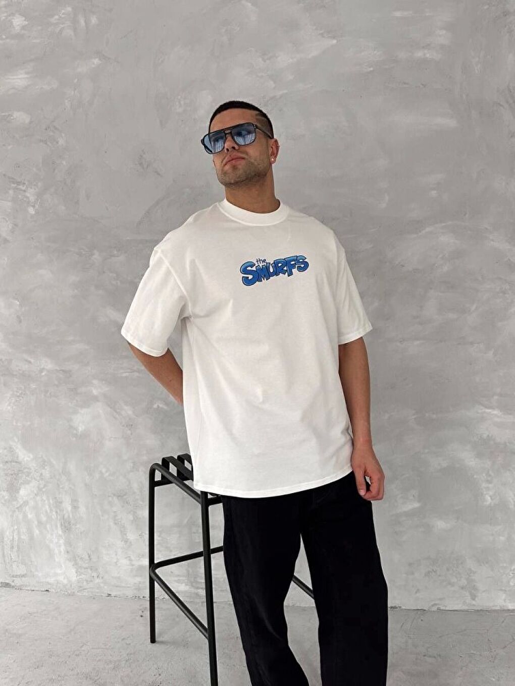 Ön Ve Arka Baskılı Oversize Bisiklet Yaka T-shirt- Beyaz-2