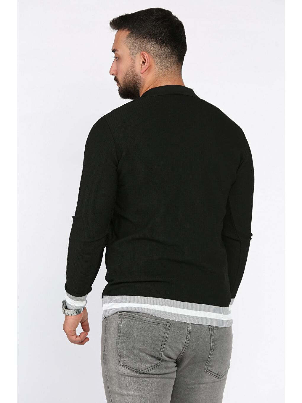 Siyah Polo Yaka Düğmeli Erkek Triko Kazak-2