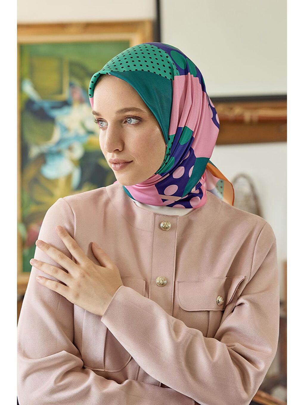Yeşil Desenli Twill İpek Eşarp Wish-1
