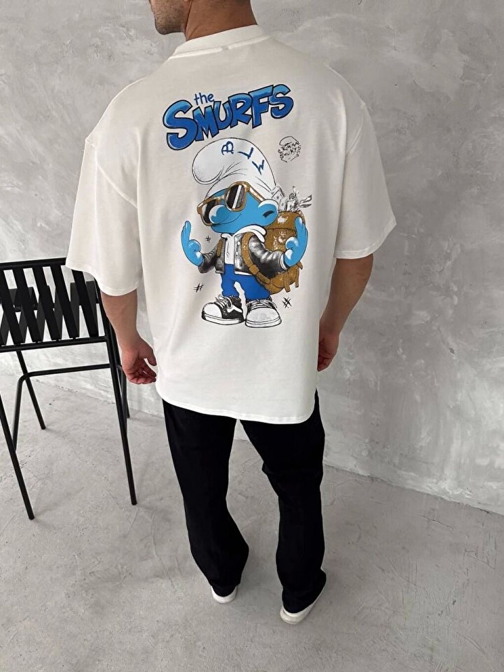 Ön Ve Arka Baskılı Oversize Bisiklet Yaka T-shirt- Beyaz-3