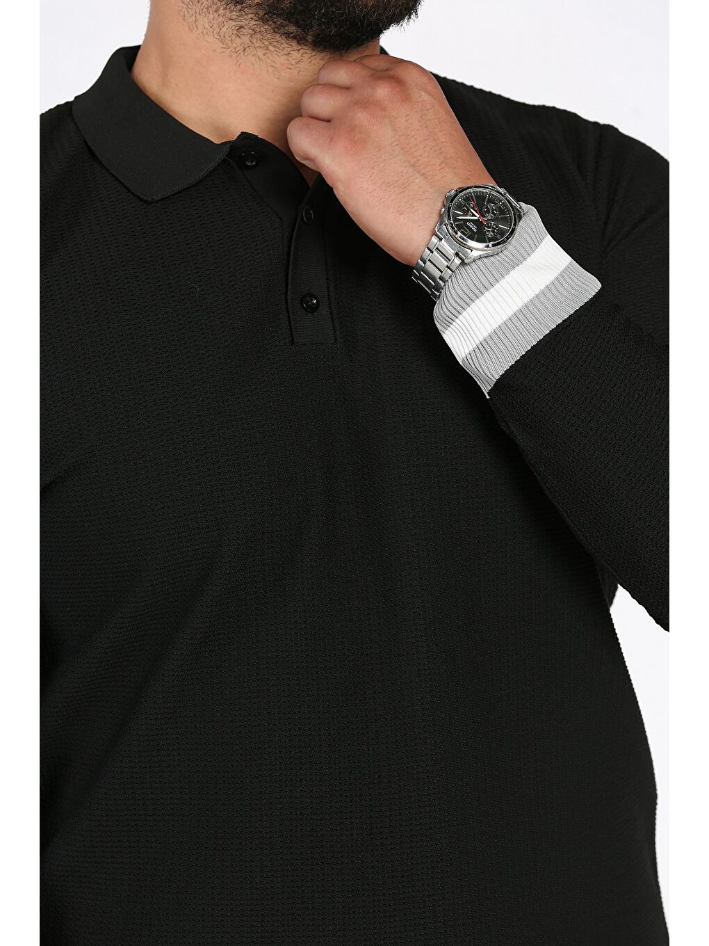 Siyah Polo Yaka Düğmeli Erkek Triko Kazak-3