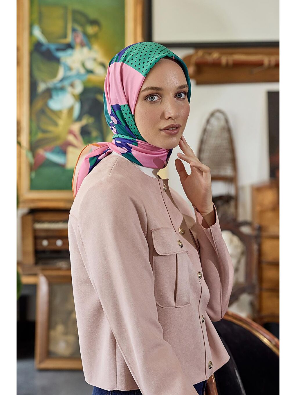 Yeşil Desenli Twill İpek Eşarp Wish-2