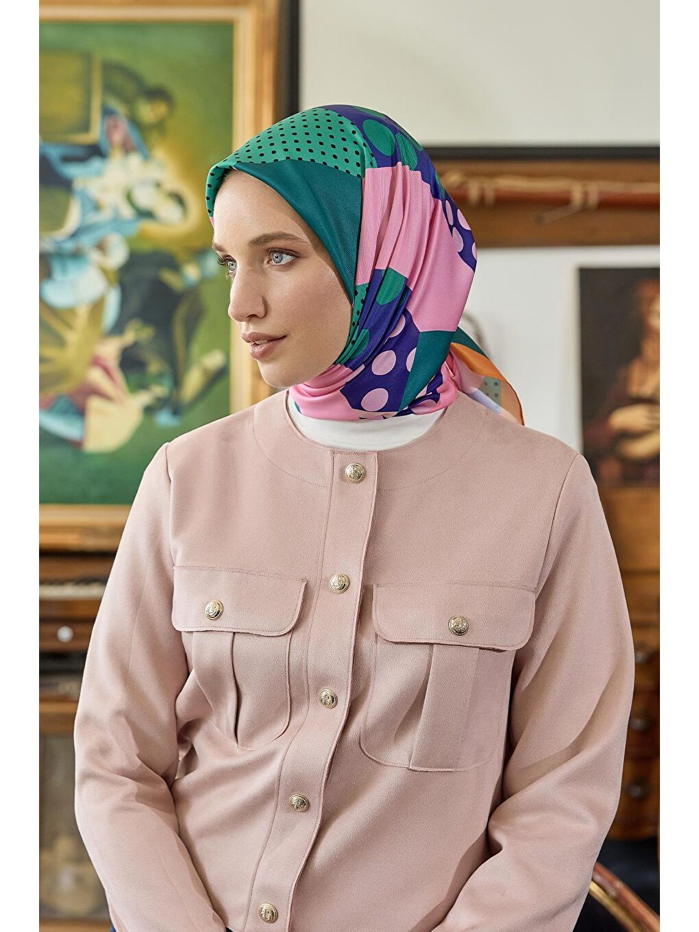 Yeşil Desenli Twill İpek Eşarp Wish-3
